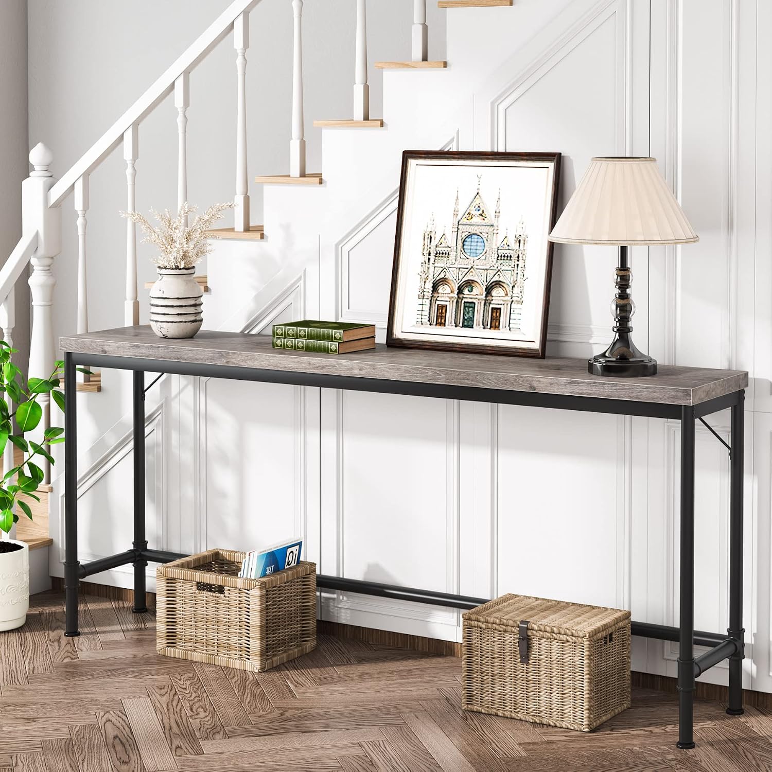Tribesigns 70.9 Inch Extra Long Console Table for Entryway, Narrow Long Sofa Table Behind Couch, Rustic Grey Hallway Table Industrial Height Bar Table for Living Room