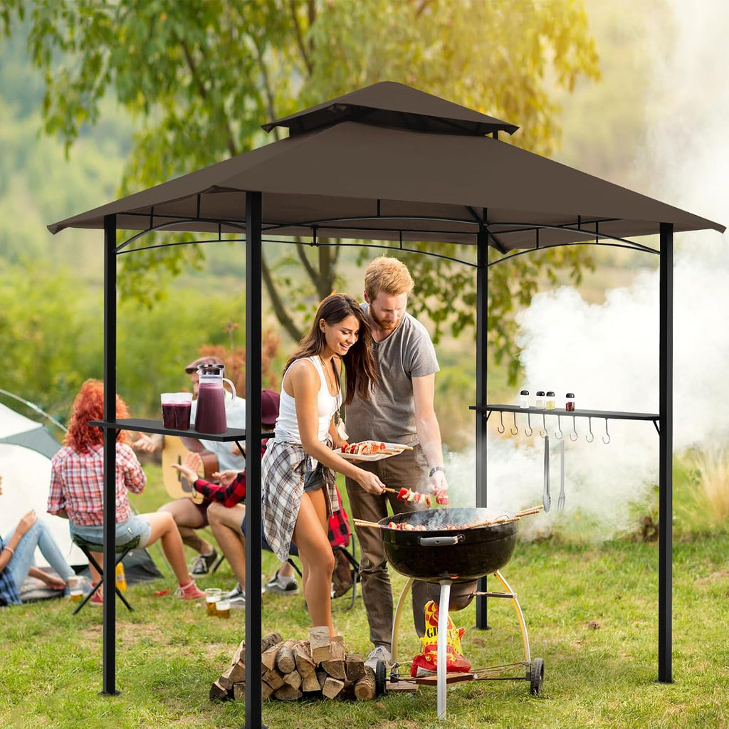 8x5 Grill Gazebo, Outdoor BBQ Grill Patio Canopy with 2 Handy Shelves & LED Lights, Double Roof Barbecue Gazebo Canopy (Brown)