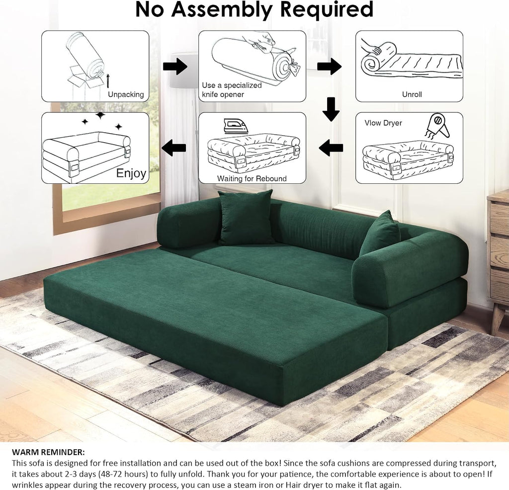 80' Convertible Sofa Bed, 3-in-1 Corduroy Folding Pull Out Couch with Pillows, No Assembly Modern Boneless Couch Compression Sofa in Box, Floor Sofa with Side Storage Pocket for Living Room,Dark Green