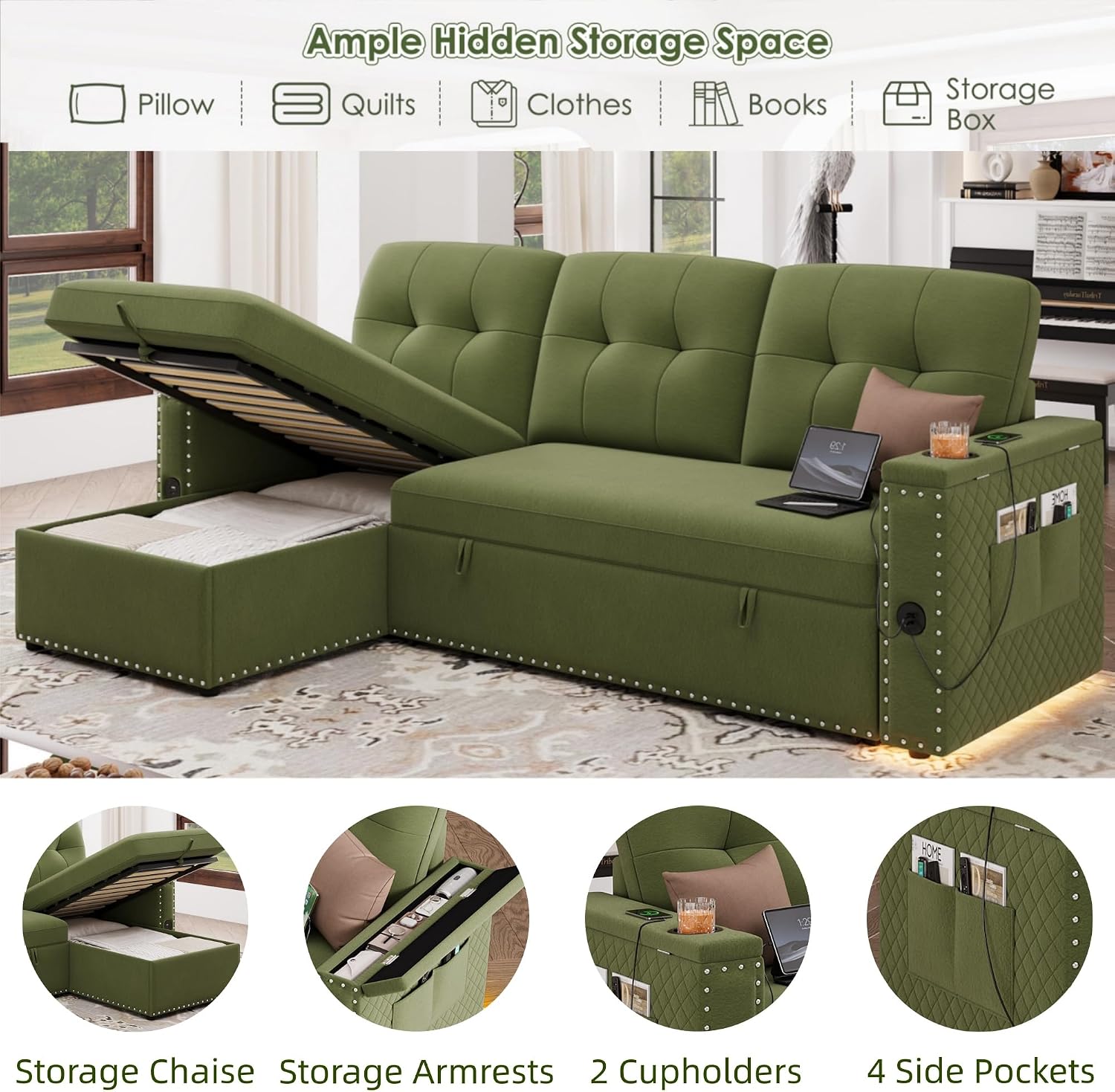 HIFIT Sleeper Sofa Bed- 81' L Shaped Pull Out Couches for Living Room with Storage Chaise, Storage Armrest, LED Light&USB Port&Cupholder, Modern Velvet Sectional Home Sofa Living Room Furniture, Green