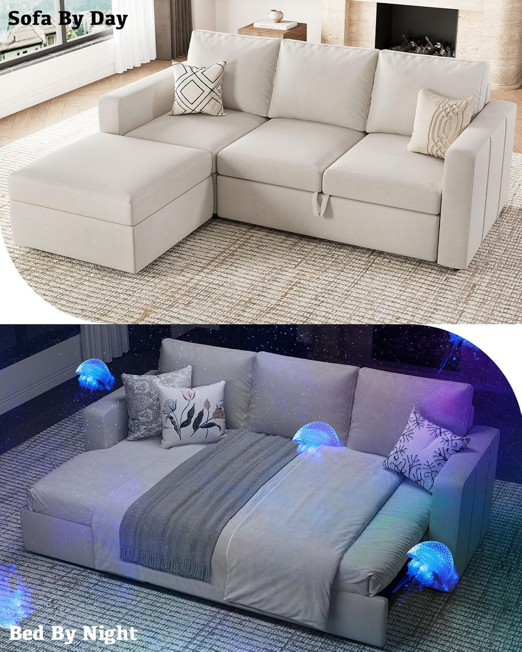Belffin Modular Sectional Sleeper Sofa with Pull Out Couch, L Shaped Sleeper Pull Out Bed, Convertible Sectional Couches for Living Room, Beige