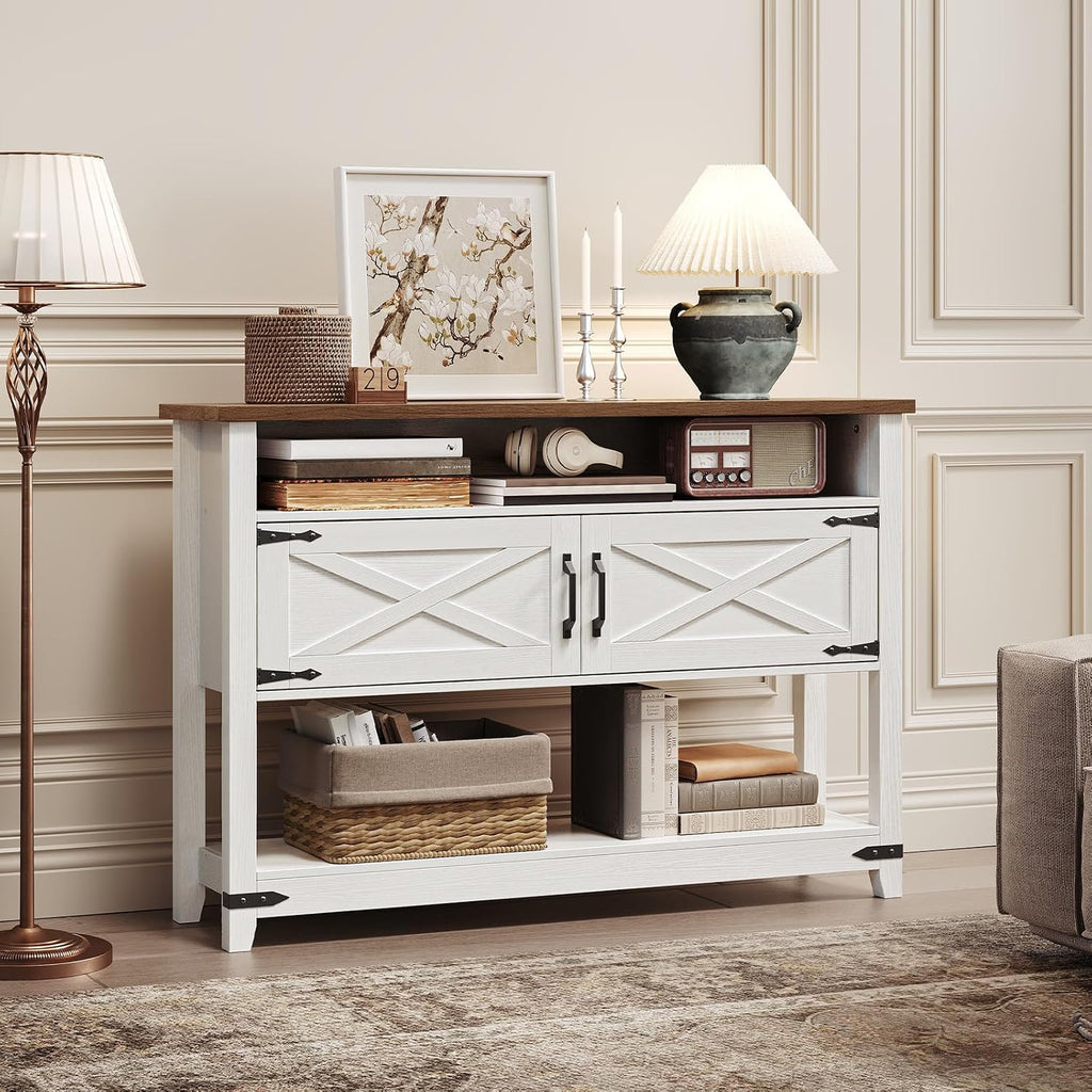 HOOBRO Farmhouse Console Table with Storage, 47.2' Long Entryway Table, White Sofa Table with Doors and Cabinets, Narrow Sofa Table Behind Couch, for Hallway, Foyer, White and Walnut