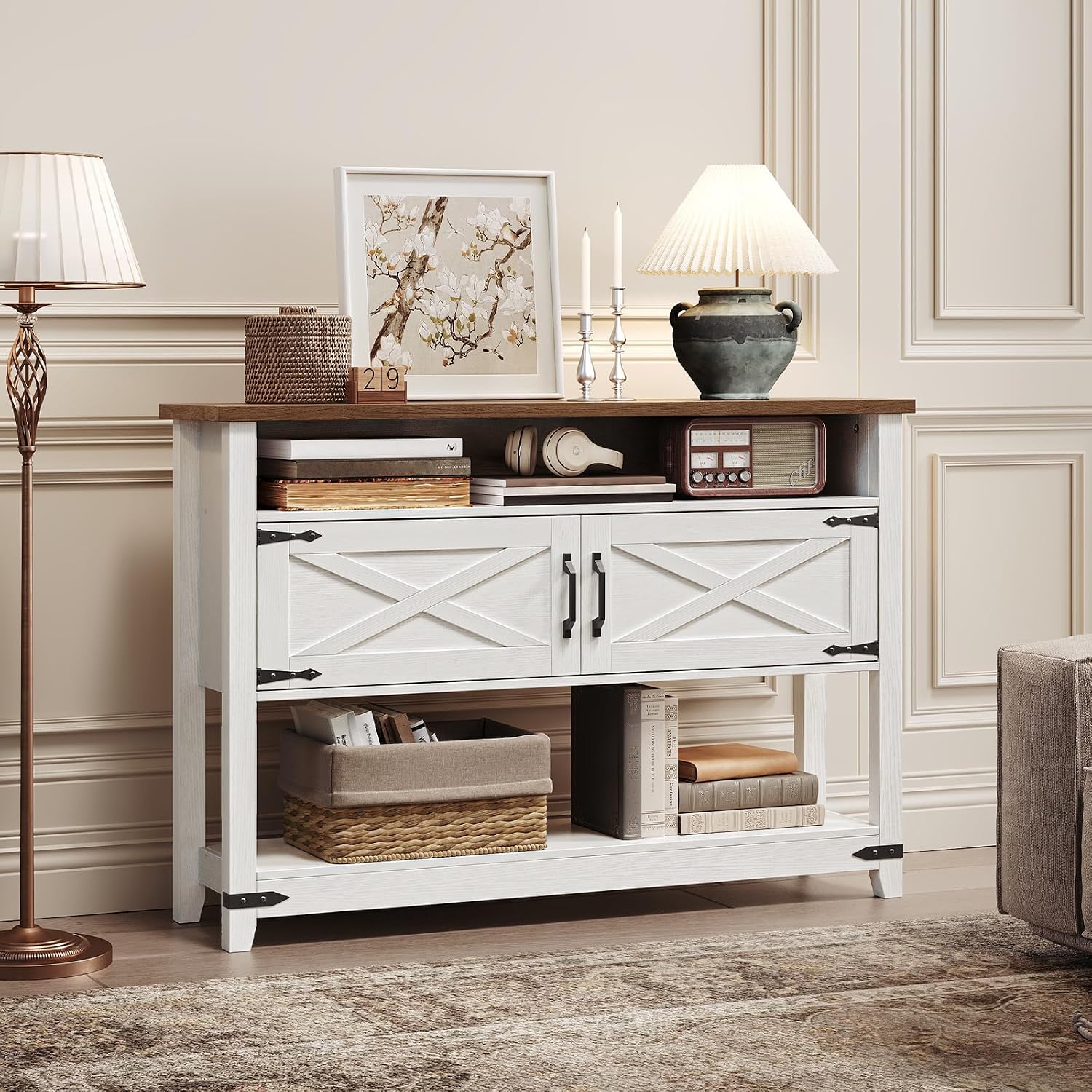 HOOBRO Farmhouse Console Table with Storage, 47.2' Long Entryway Table, White Sofa Table with Doors and Cabinets, Narrow Sofa Table Behind Couch, for Hallway, Foyer, White and Walnut
