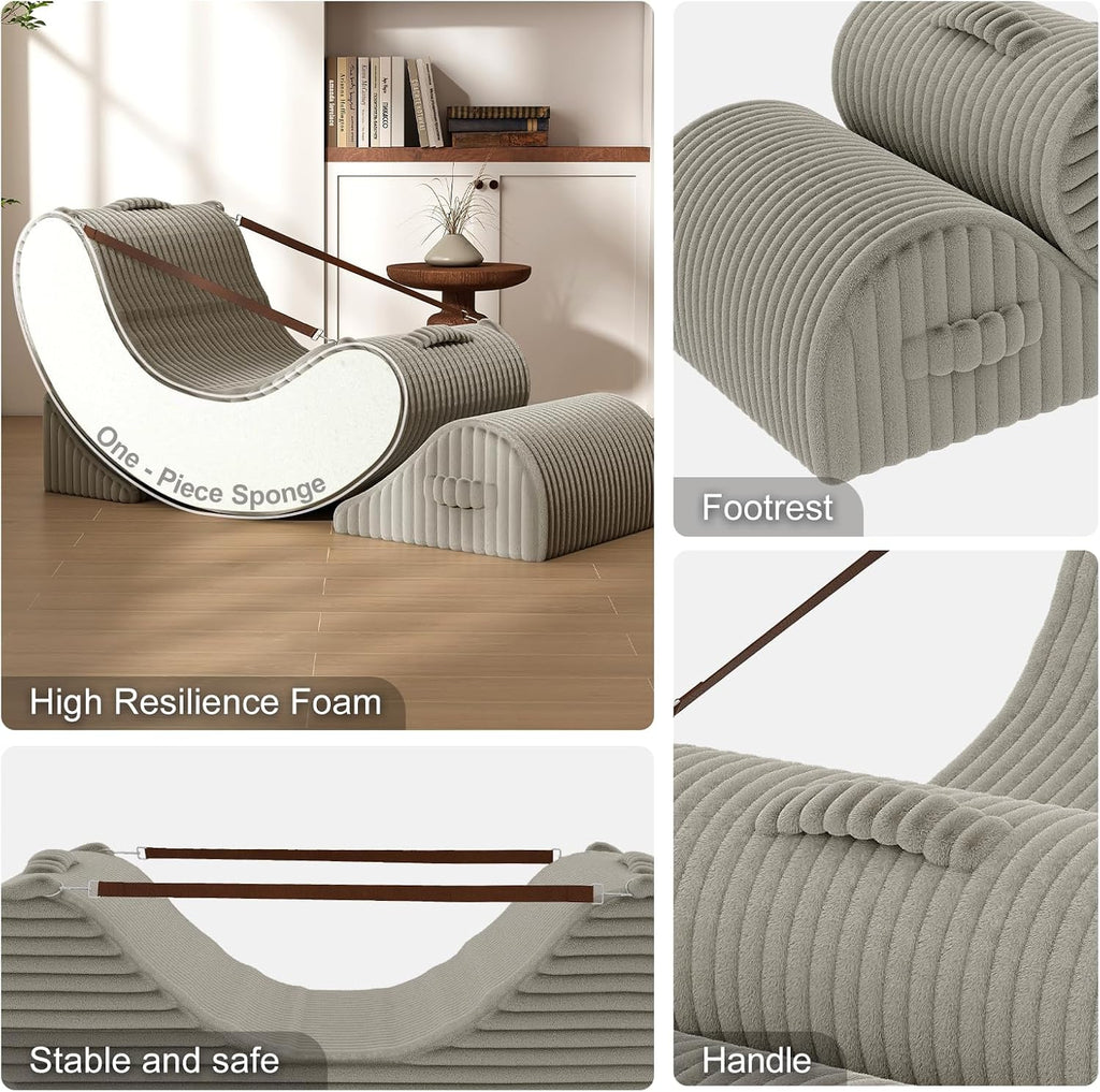 3-in-1 Adjustable Zero Gravity Floor Chair, Oversized Corduroy Boneless Chair for Adults with Memory Foam & Washable Cover, Silent Rocker Recliner Lounge Chair for Reading, Nursing, Gaming, Khaki