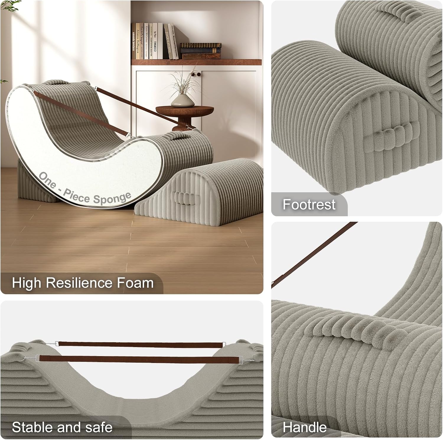 3-in-1 Adjustable Zero Gravity Floor Chair, Oversized Corduroy Boneless Chair for Adults with Memory Foam & Washable Cover, Silent Rocker Recliner Lounge Chair for Reading, Nursing, Gaming, Khaki