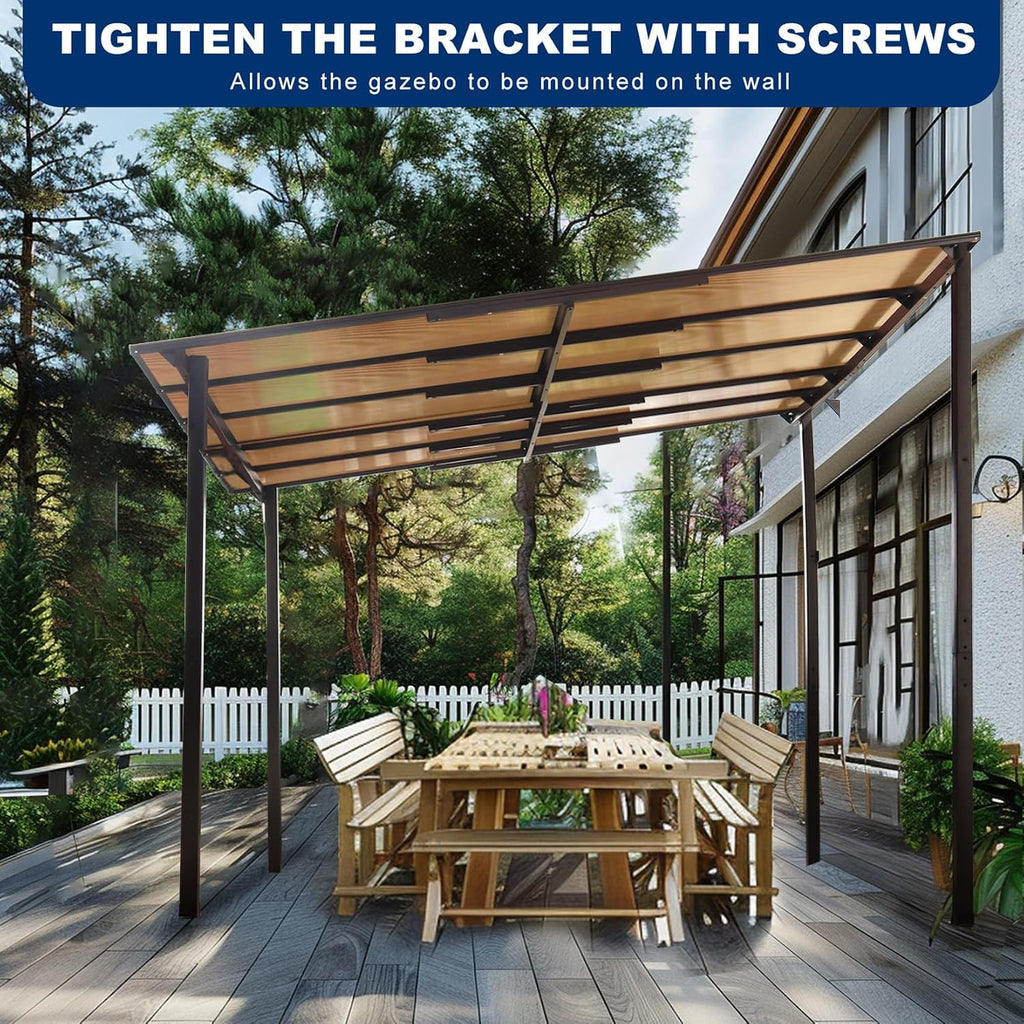 10' x 10' Outdoor Pergola Gazebo, Wall-Mounted Lean to Metal Awning Gazebo with Roof, Large Heavy Duty Garage Top Tent for Patio, Decks, Backyard