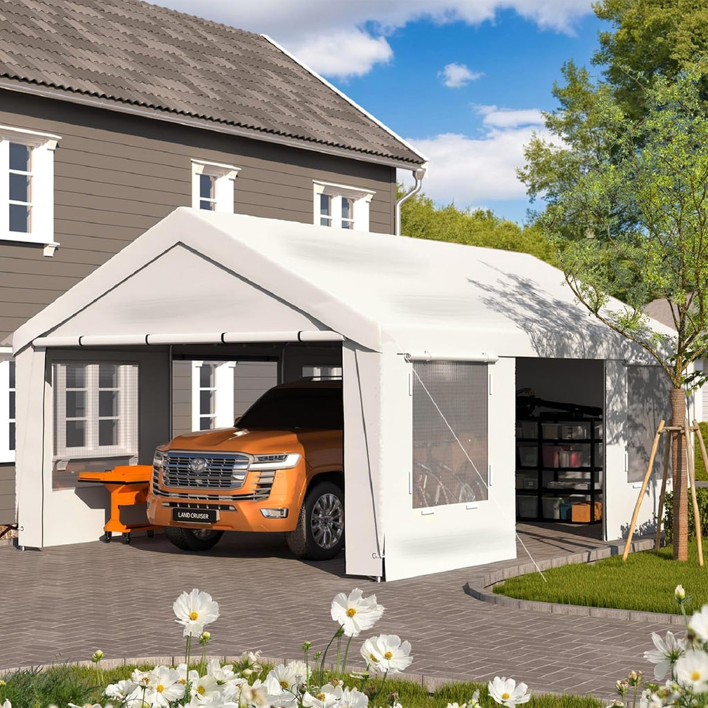 EROMMY 13' x 20' Heavy Duty Carport, Portable Garage with Removable Sidewalls, Shelter with Roll-Up Windows, All-Season Car Canopy for Truck, Boat, Tractor, White