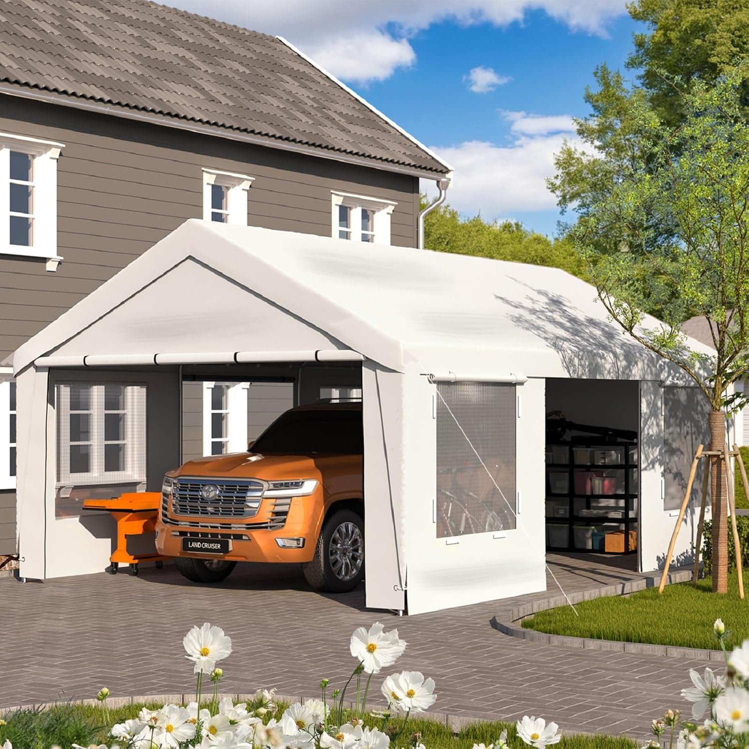 EROMMY 13' x 20' Heavy Duty Carport, Portable Garage with Removable Sidewalls, Shelter with Roll-Up Windows, All-Season Car Canopy for Truck, Boat, Tractor, White