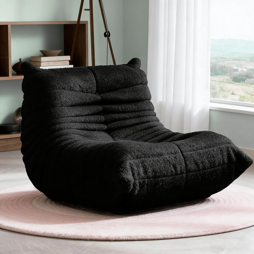 Large Bean Bag Chairs for Adults, Fireside Chair for Living Room with Memory Foam Filled, Accent Sofa Lounge Lazy Floor Sofa for Gaming Reading Relaxing Bedroom, No Assembly Required Black