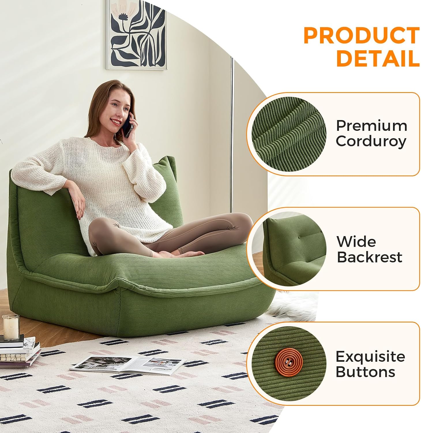 Bean Bag Chairs for Adults Giant BeanBag Chair Sofa Memory Foam Bean Bag Chair Couch with Ergonomic Design for Adults and Kids Home Living Room Bedroom Office Home Gaming Salon(Dark Green)