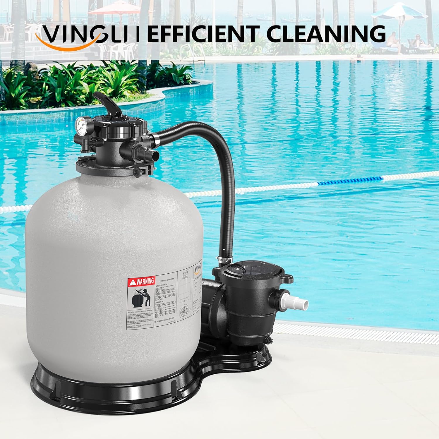 VINGLI Sand Pool Filter 24in Tank With A 1.5 HP Pump 115V Above Ground Pool Pump with Filter Basket,5400 GPH