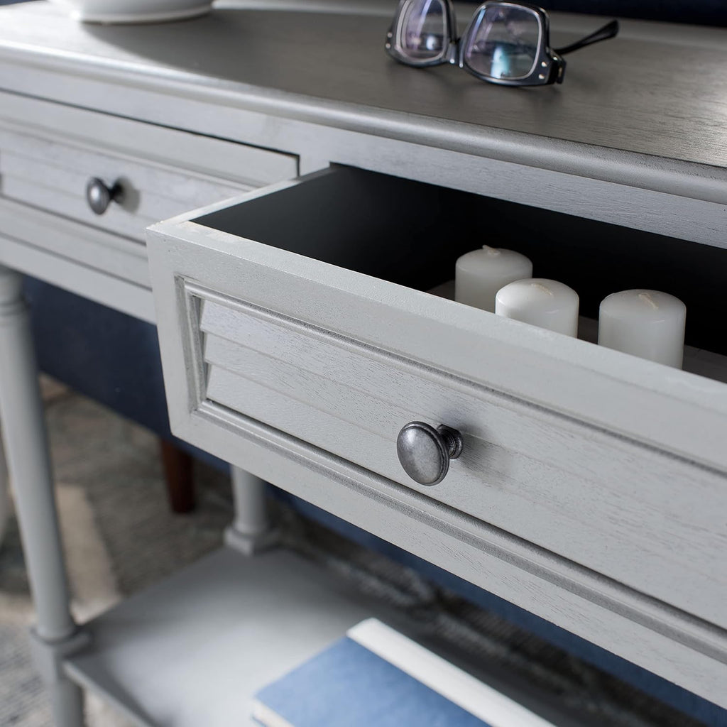 SAFAVIEH Home Collection – Tate Distressed Grey 2-Drawer Console Table with Shelf, Turned Leg Farmhouse Accent Console for Entryway or Living Room (CNS5720C)