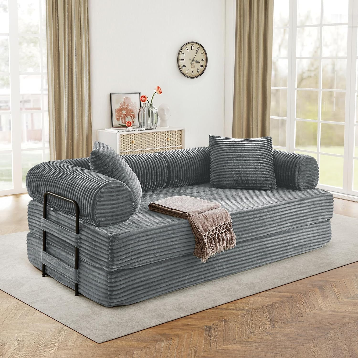 Antetek Modular Couch Bed, Convertible Folding Plush Corduroy Comfy Floor Compression Loveseat Sleeper Sofa Couch, King Size Bed for Guest Room Living Room Bedroom, No Assembly Required, Light Grey