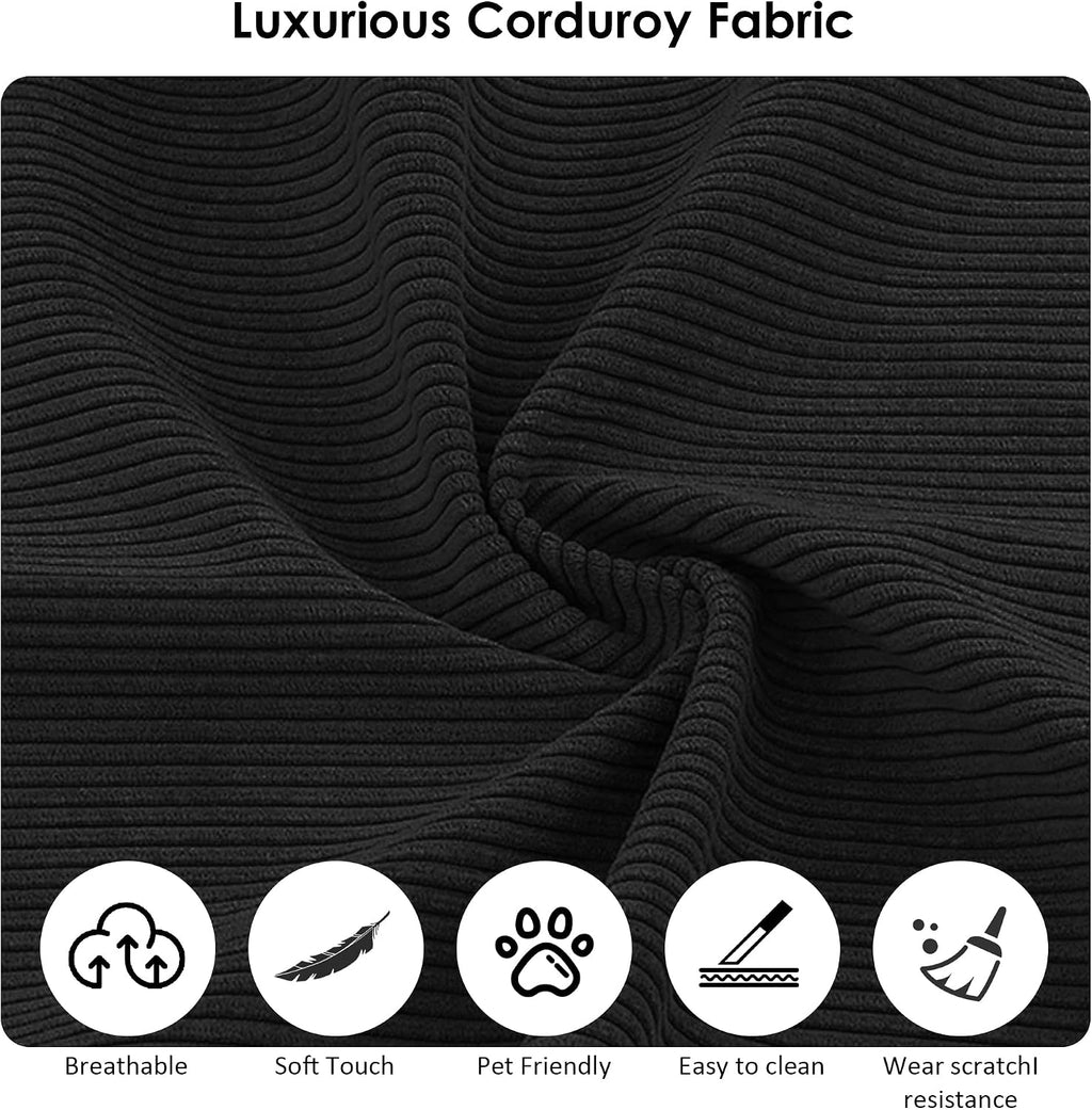 80' Convertible Sofa Bed, Corduroy Deep Seat Folding Pull Out Couch with Pillows, No Assembly Modern Boneless Couch Compression Sofa in Box, Floor Sofa with Storage Pocket for Living Room,Black