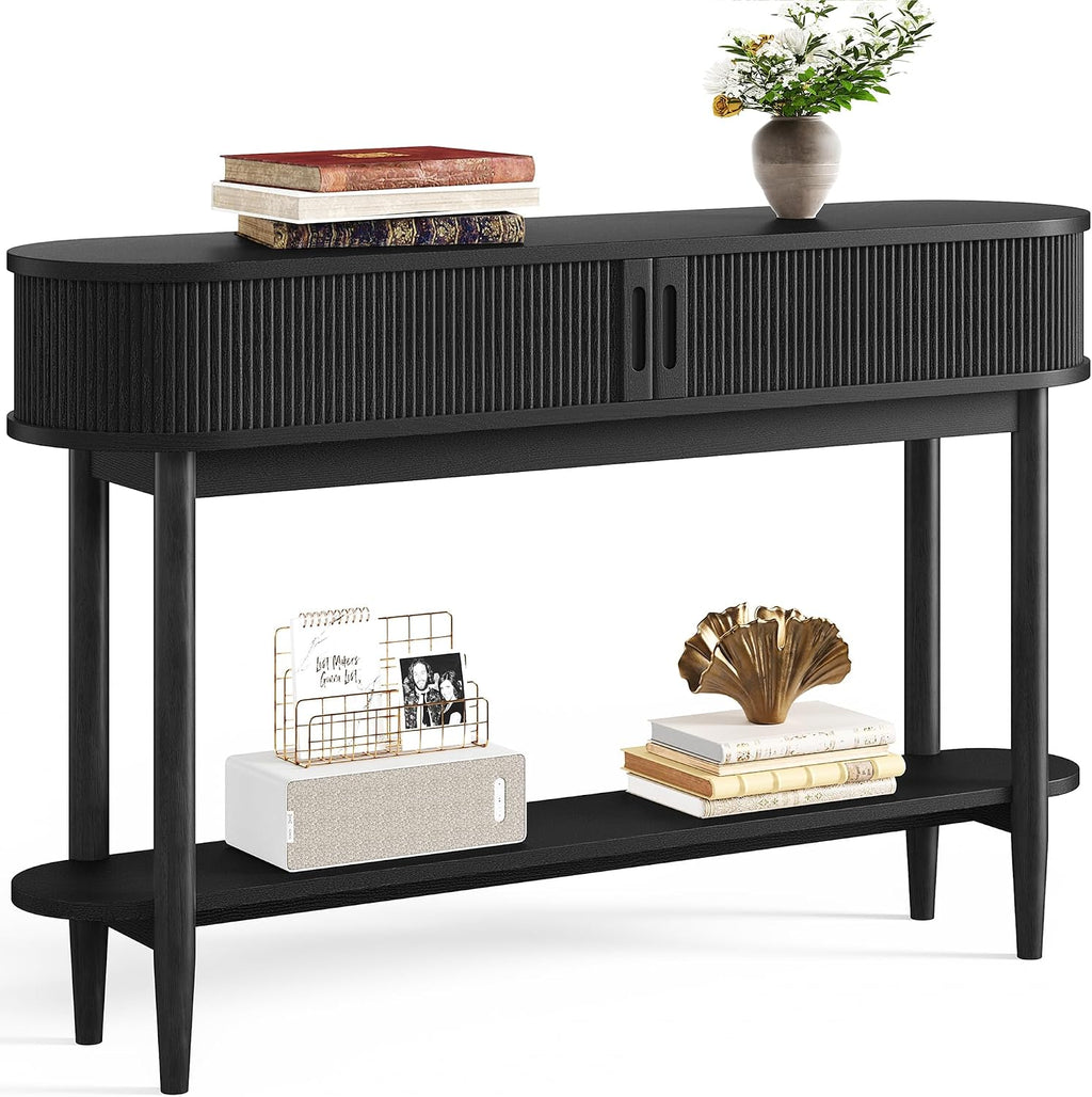 LINSY Fluted Console Table with Storage, Entryway Table Wood Entrance Tables for Front Door, Behind Couch Sofa Table with Shelves, Foyer Tables for Hallways, Living Room (Black)