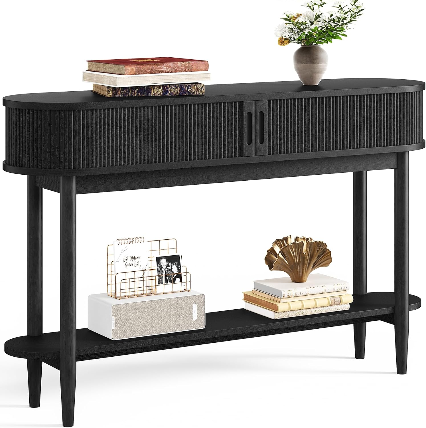 LINSY Fluted Console Table with Storage, Entryway Table Wood Entrance Tables for Front Door, Behind Couch Sofa Table with Shelves, Foyer Tables for Hallways, Living Room (Black)