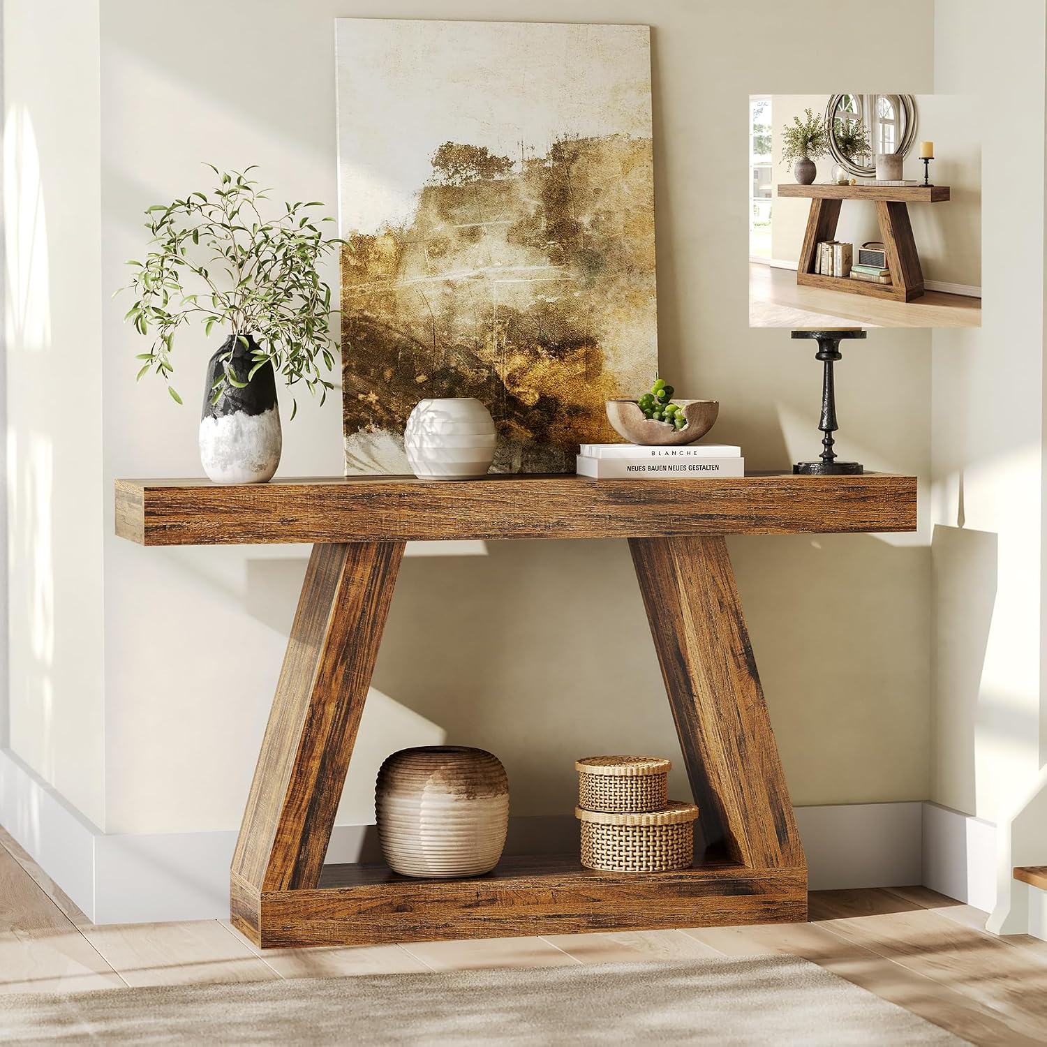 LITTLE TREE 55-Inch Sofa Table with Storage, Farmhouse Console Table for Home, Rectangular Wooden Entryway Furniture for Living Room, Bedroom, Office, Hallway, Brown