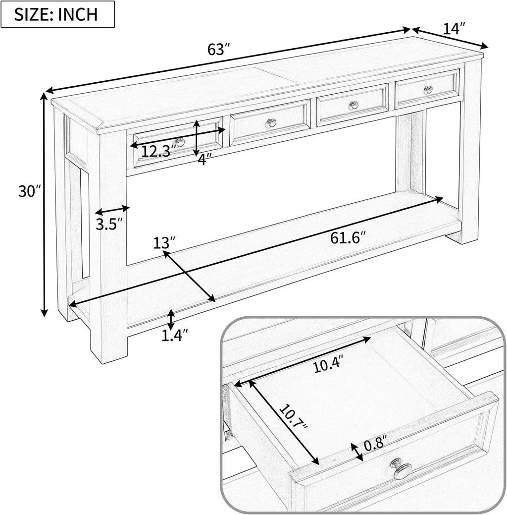 Merax Console Table, 63' Long Extra-Thick Entryway Table Sofa Table with 4 Drawers and Open Shelf for Entryway, Hallway, Living Room (Antique White)