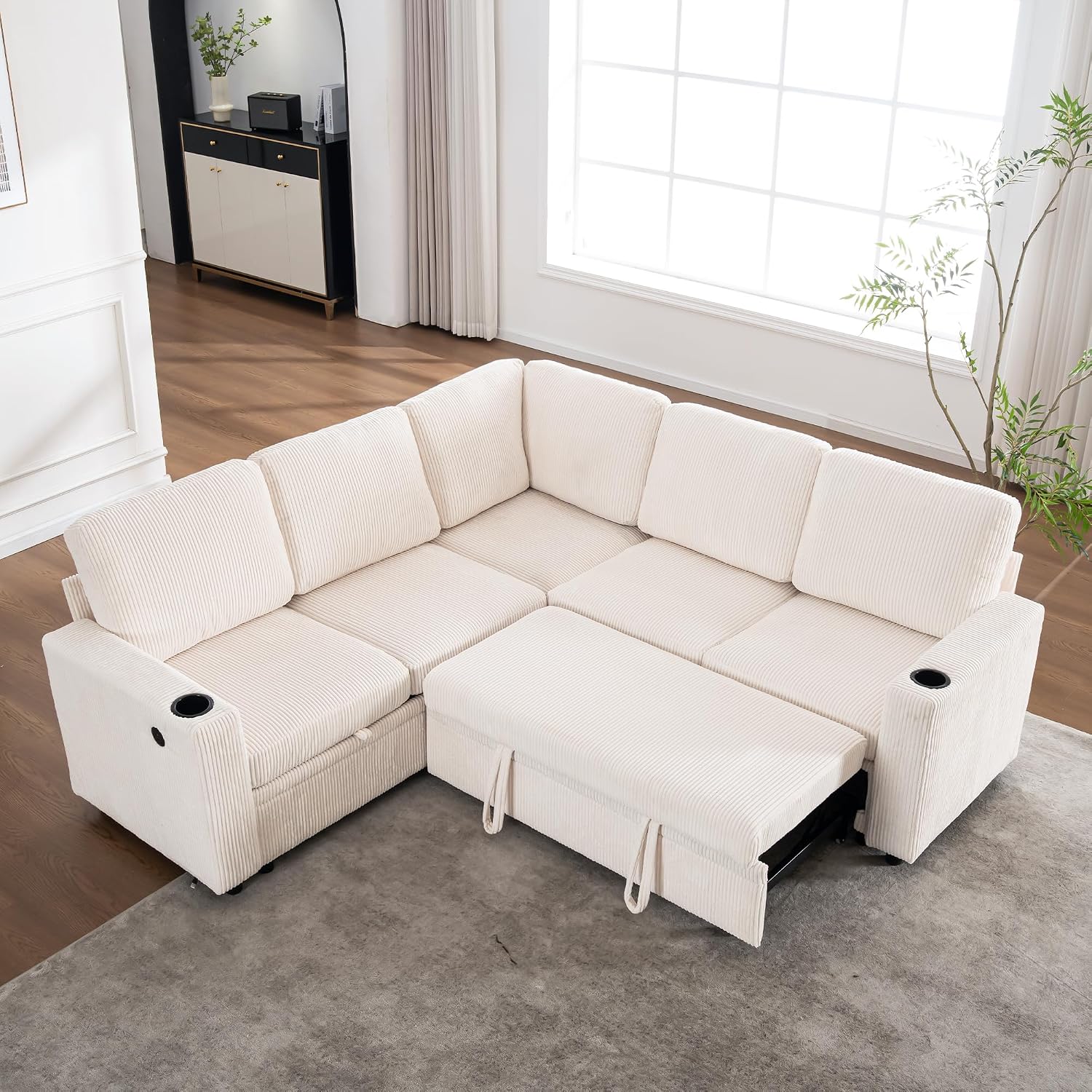 Modular Sectional Sleeper Sofa with Pull Out Bed, L Shaped Couch with Storage Chaise, USB Ports and Cup Holders, Comfy Corduroy Sectional Couches for Living Room, Bedroom and Apartment
