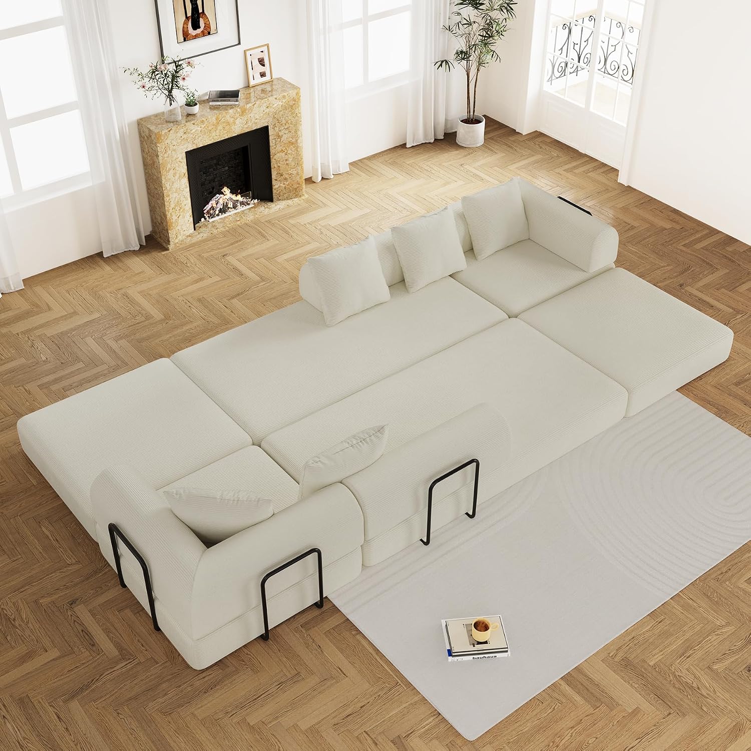 DAMAIFROM Convertible Sleeper Sofa Bed with Cylindrical Pillow,Corduroy Folding Mattress Couch with Fixed-Shape Frame,Modular Floor Sofa Lounge Couch for Living Room Bedroom Lounge,158.6',Beige White