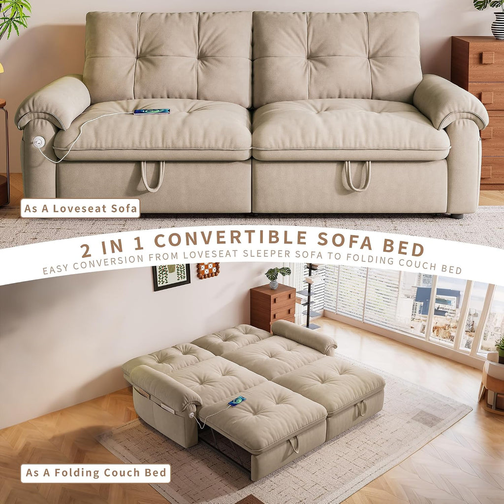 77' Queen Size Sofa Bed, Loveseat Sleeper Sofa with Pull Out Bed, Pockets and USB, Modern 2 Seater Convertible Small Couch for Living Room Bedroom Apartment, Brown