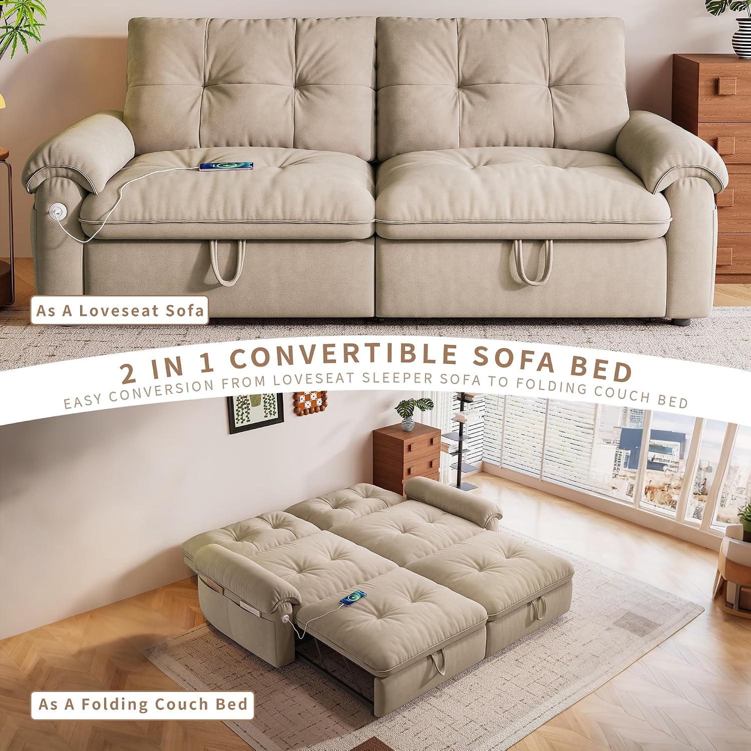 77' Queen Size Sofa Bed, Loveseat Sleeper Sofa with Pull Out Bed, Pockets and USB, Modern 2 Seater Convertible Small Couch for Living Room Bedroom Apartment, Brown