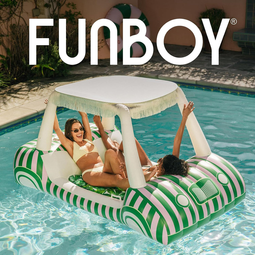 FUNBOY Palm Print Golf Cart Pool Float 90' Long, Two Cup Holders, Removable Fringe Shade, Float for Summer Pool Party and Entertainment