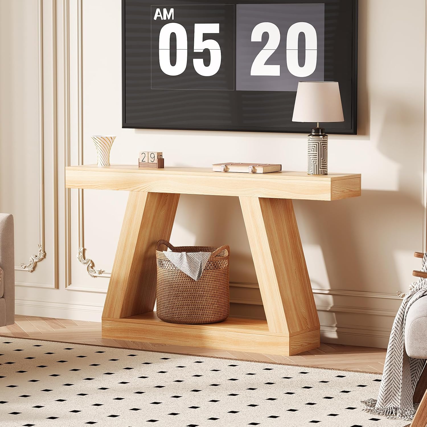 55 Inches Console Table, Sofa Table Behind Couch, 2-Tier Wooden Entry Tables for Entryway Foyer Hallway, Industrial Console Tables with Open Storage Shelf for Living Room