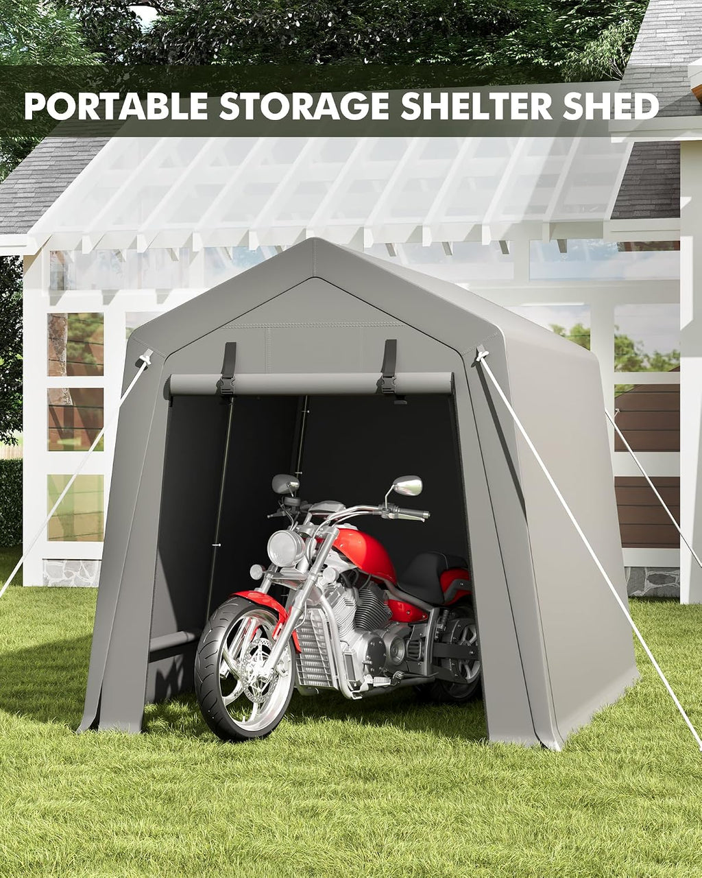 7 x 10 ft Portable Carport, Storage Shed with Heavy Duty Waterproof Tarp & 2 Roll-Up Zipper Doors, Ideal Tent for Motorcycles, Bikes, Garden Tools, and Firewood