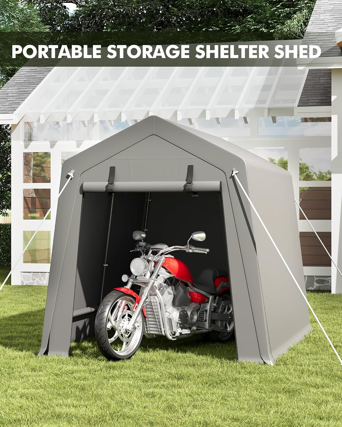 7 x 10 ft Portable Carport, Storage Shed with Heavy Duty Waterproof Tarp & 2 Roll-Up Zipper Doors, Ideal Tent for Motorcycles, Bikes, Garden Tools, and Firewood