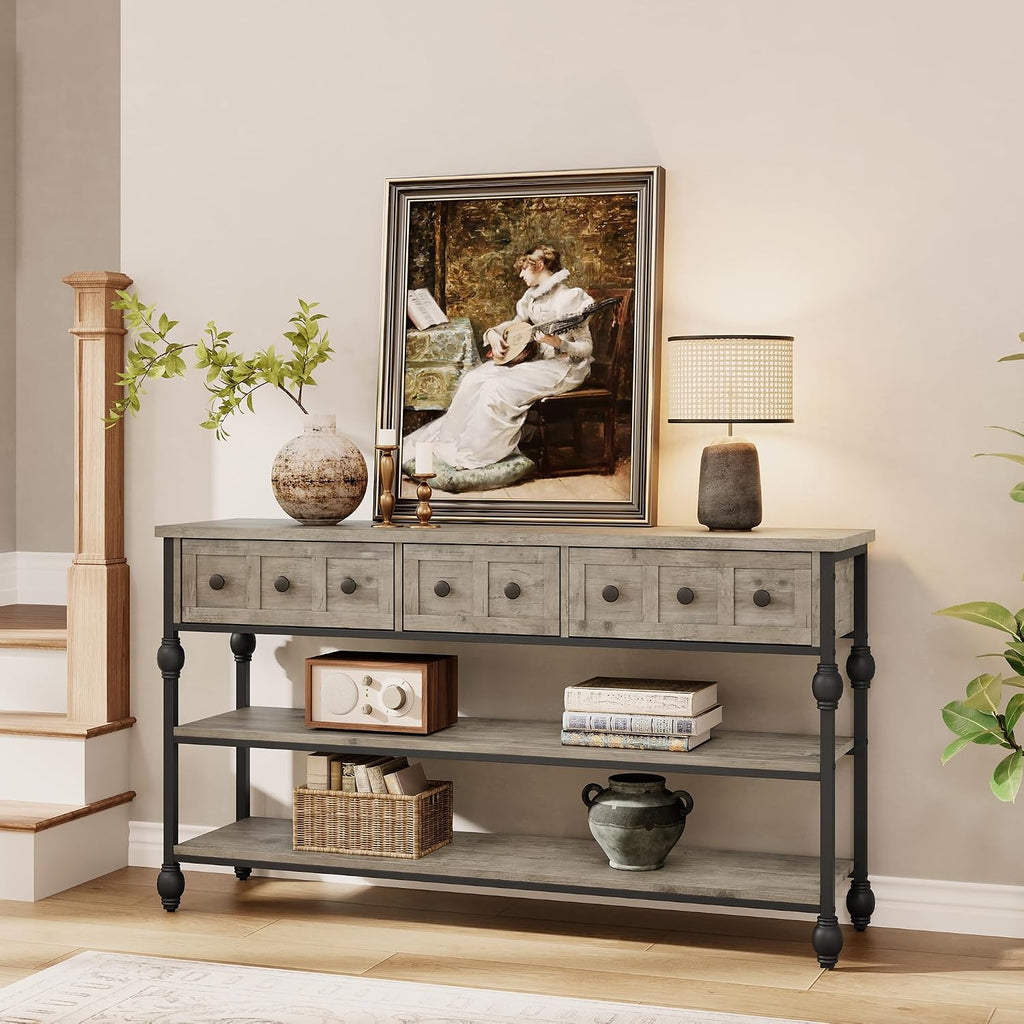 GarveeHome 52' Console Table, Entryway Table with 3 Storage Drawers, 3 Tier Industrial Metal Sofa Table, Behind Couch Table, Hallway Table for Entry, Living Room (Grey)