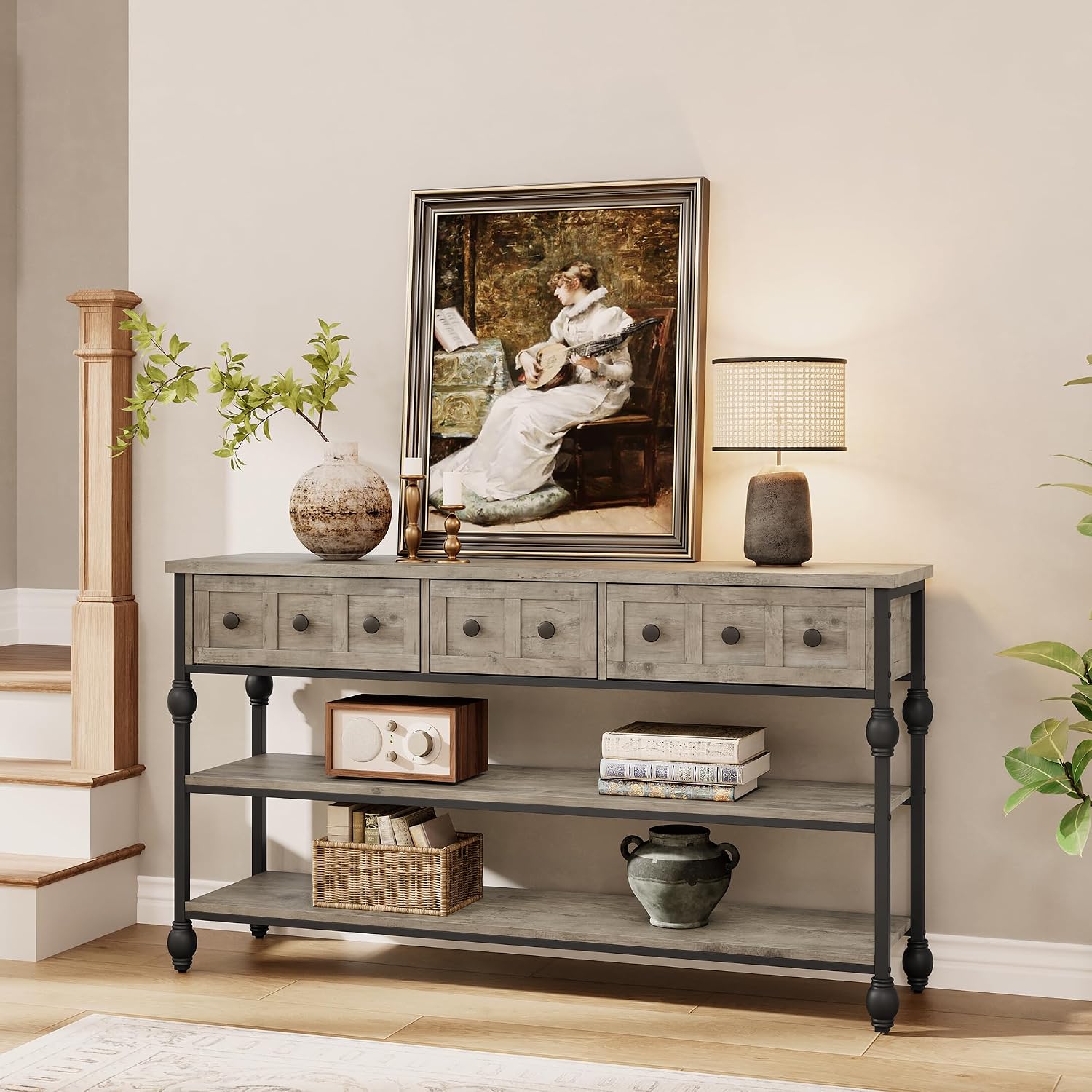 GarveeHome 52' Console Table, Entryway Table with 3 Storage Drawers, 3 Tier Industrial Metal Sofa Table, Behind Couch Table, Hallway Table for Entry, Living Room (Grey)