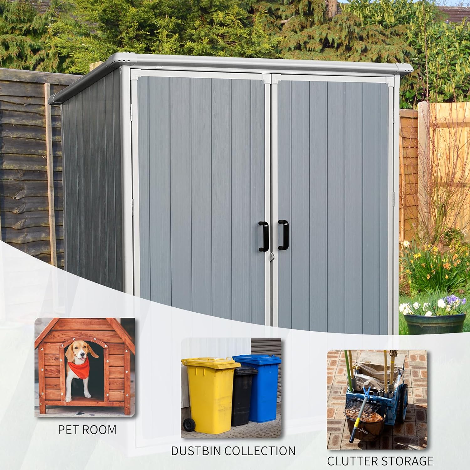 5x3 Resin Outdoor Storage Shed with Floor, Vertical Plastic Storage Cabinet with Lockable Doors, All-Weather Garden Tool Shed for Bikes and Patio Furniture (Grey)