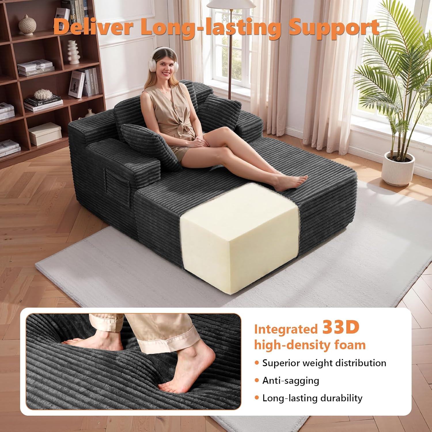 67' Oversized Chaise Lounge Chair Indoor with Double Side Pockets, Corduroy Deep Seat Couch, Boneless Couches for Living Room, No Assembly, Grey