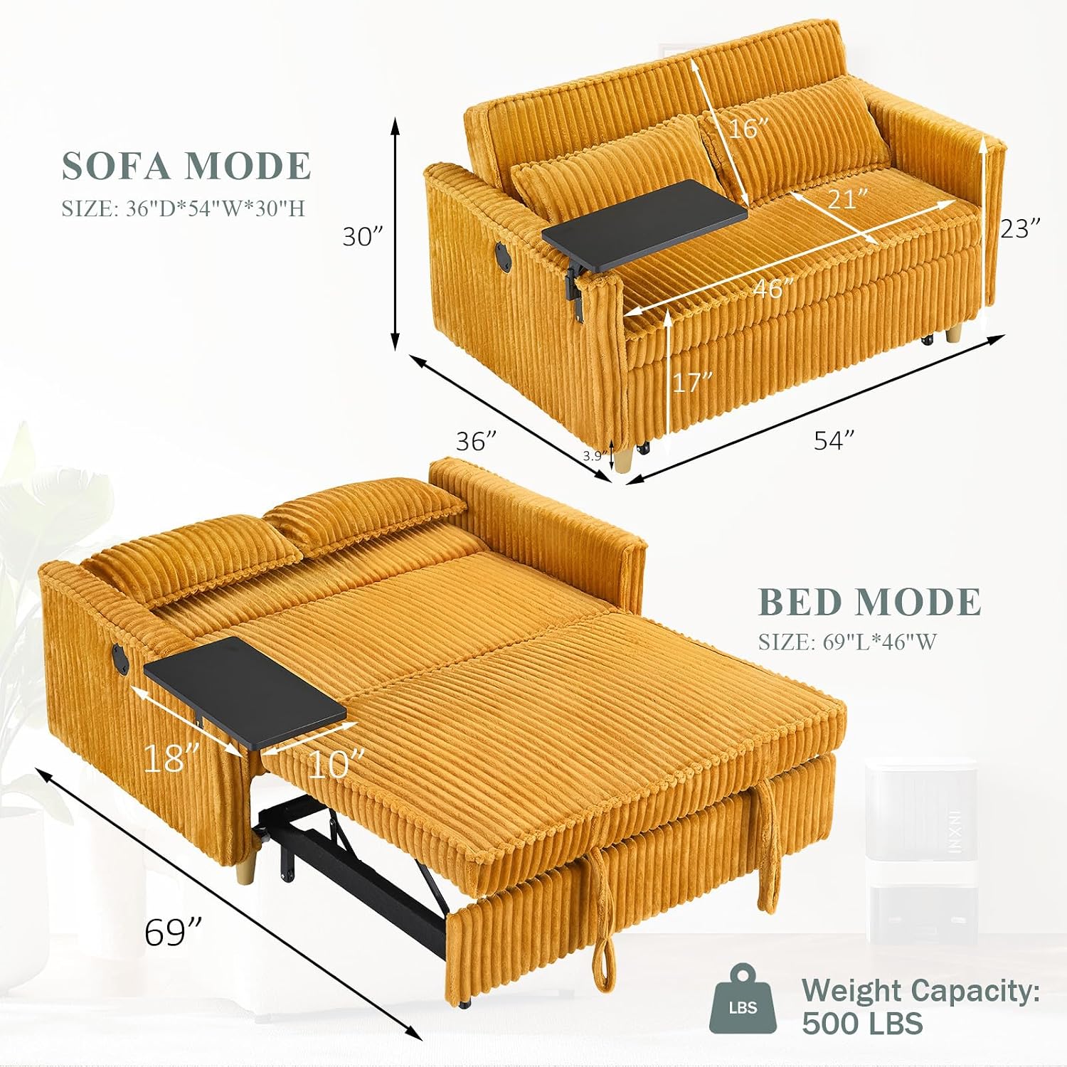 54'W Convertible Sleeper Sofa Bed,3-In-1 Corduroy Pull Out Couch Bed,Futon Loveseat Sleeper Couch with Adjustable Backrest & USB Port & Side Table,Recliner for Living Room/Office/Small Space(Yellow)