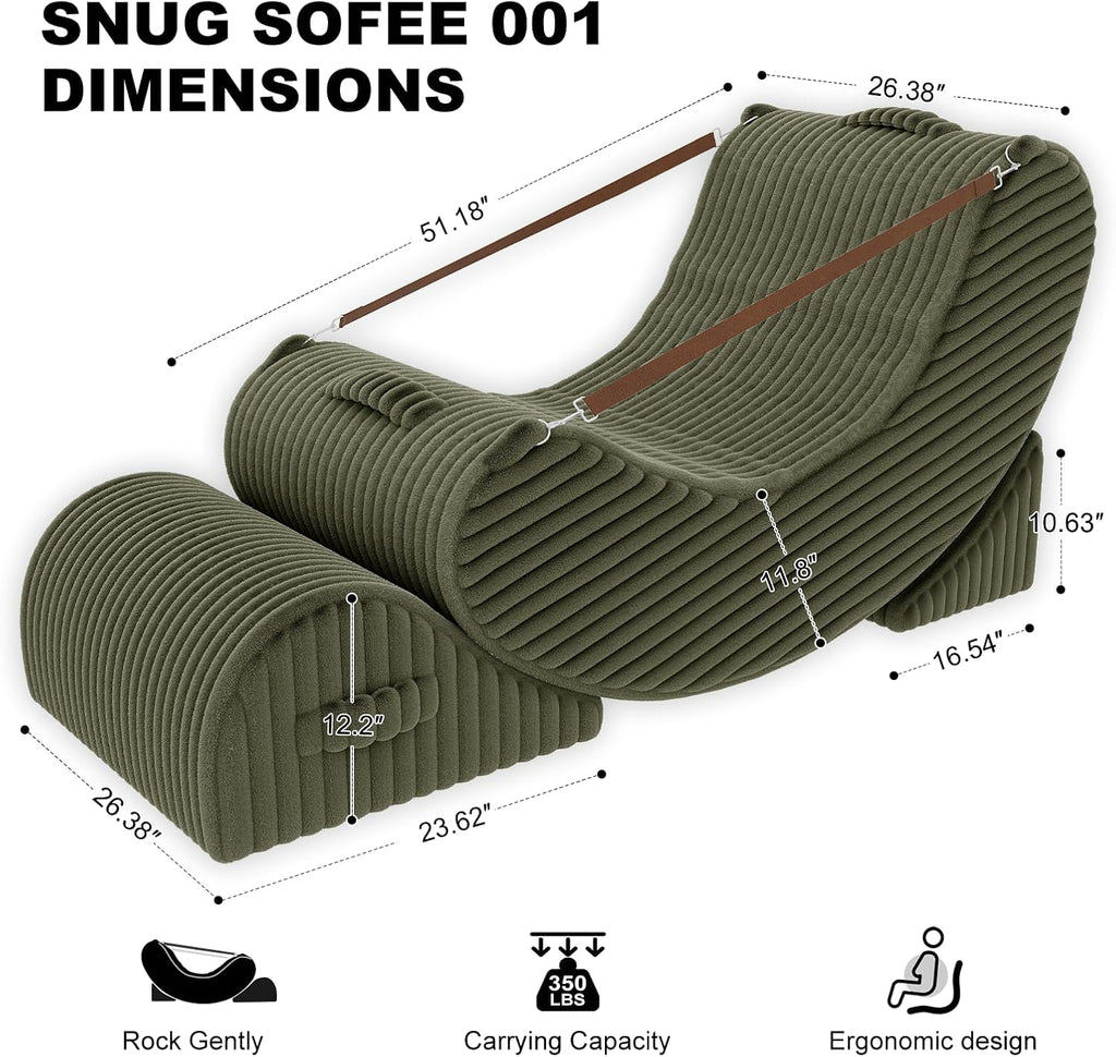 3-in-1 Adjustable Zero Gravity Floor Chair, Oversized Corduroy Boneless Chair for Adults with Memory Foam & Washable Cover, Silent Rocker Recliner Lounge Chair for Reading, Nursing, Gaming, Green