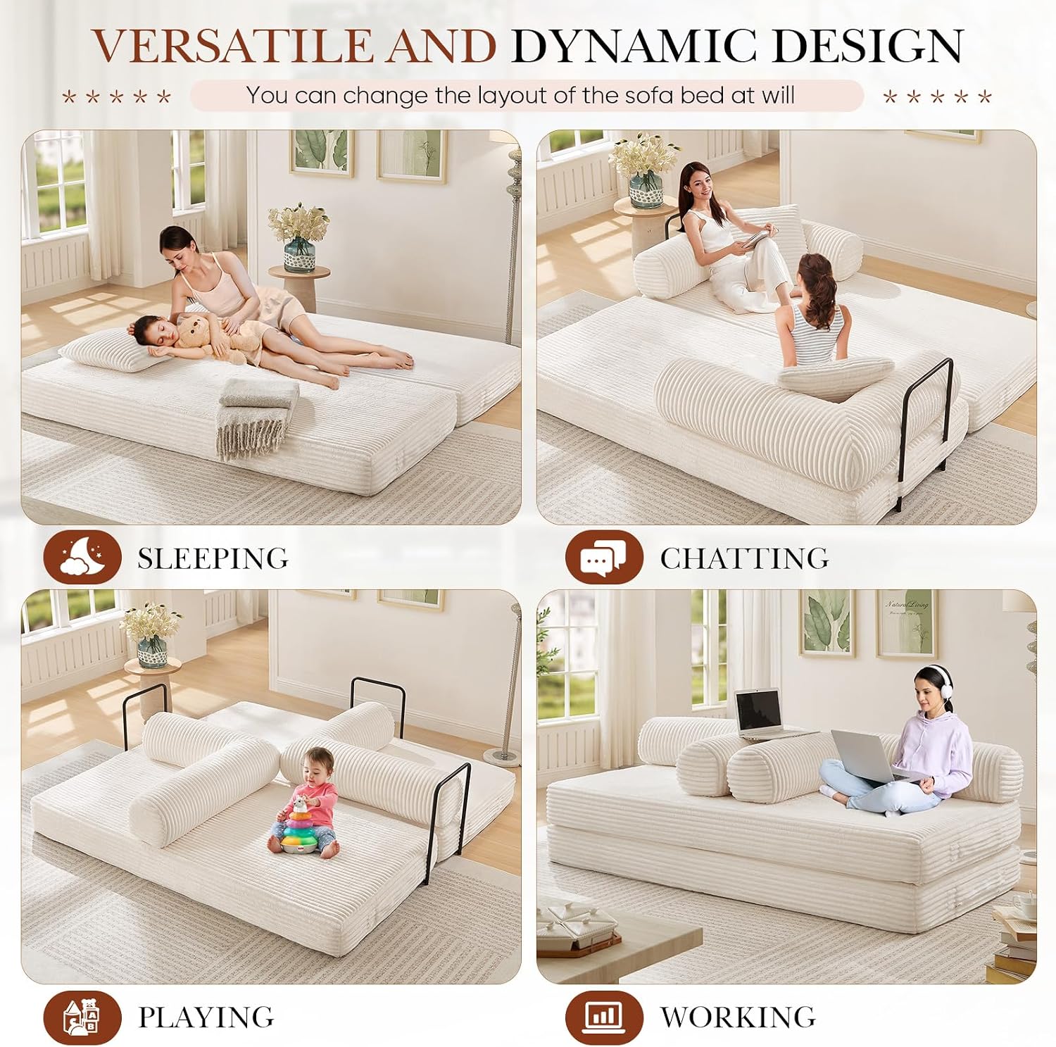 Antetek Modular Couch Bed, Convertible Folding Plush Corduroy Comfy Floor Compression Loveseat Sleeper Sofa Couch, King Size Bed for Guest Room Living Room Bedroom, No Assembly Required, Beige