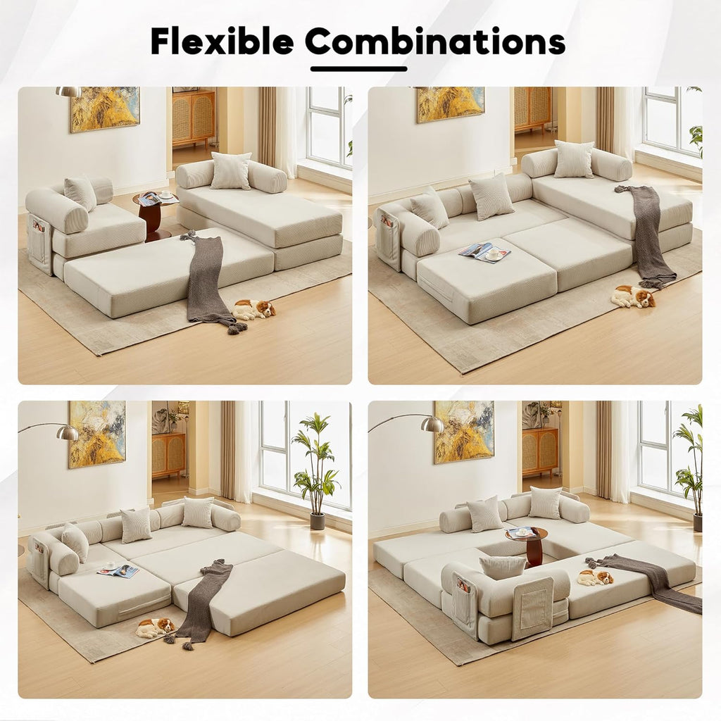 L Shaped Modular Sofa Bed with Cylindrical Pillow & Reversible Chaise, Corduroy Folding Floor Convertible Sofa Couch Bed with Fixed-Shape Frame & Storage Pocket for Living Room, Beige