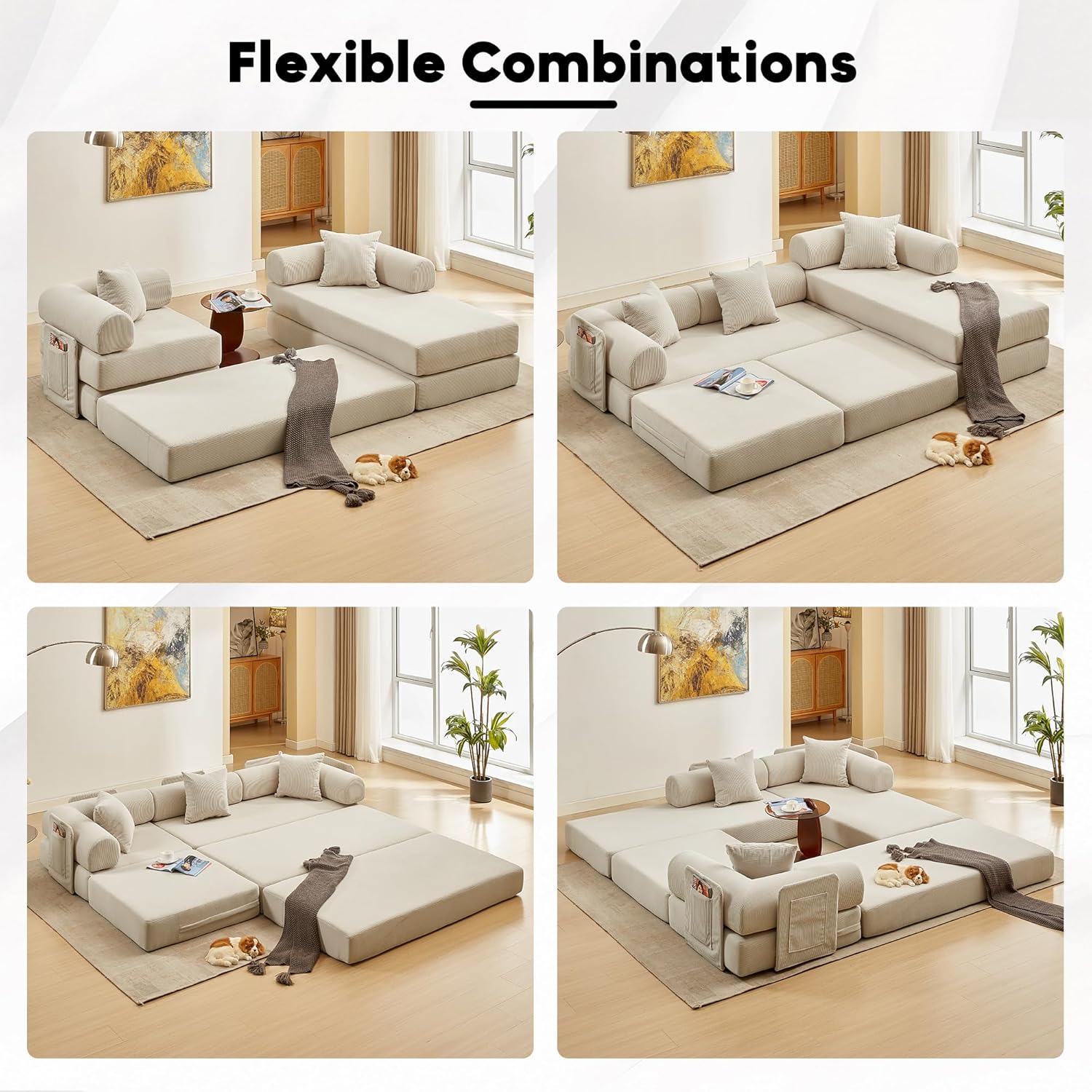 L Shaped Modular Sofa Bed with Cylindrical Pillow & Reversible Chaise, Corduroy Folding Floor Convertible Sofa Couch Bed with Fixed-Shape Frame & Storage Pocket for Living Room, Beige