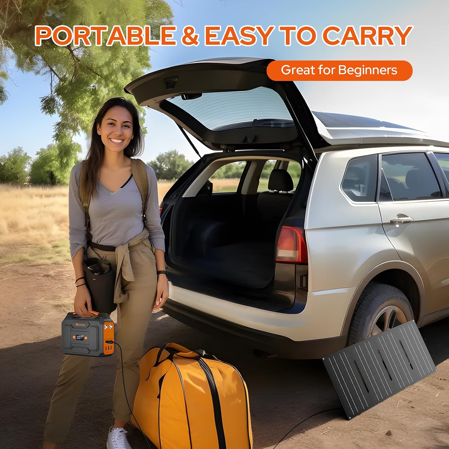 Portable Solar Power Station with Foldable Solar Panel 60W, 110V AC Outlet Camping Solar Powered Generator with Panels, Solar Powered Power Bank Generator for Laptop Smart Devices RV Outdoor Backup