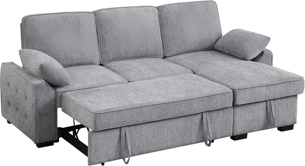 ERYE L-Shaped Pull Out Sleeper Couch Bed, Modern Chenille Upholstered Button Tufted Corner Couch Reversible Sectional Sleeper Sofa Bed W/Storage Chaise, Cup Holders
