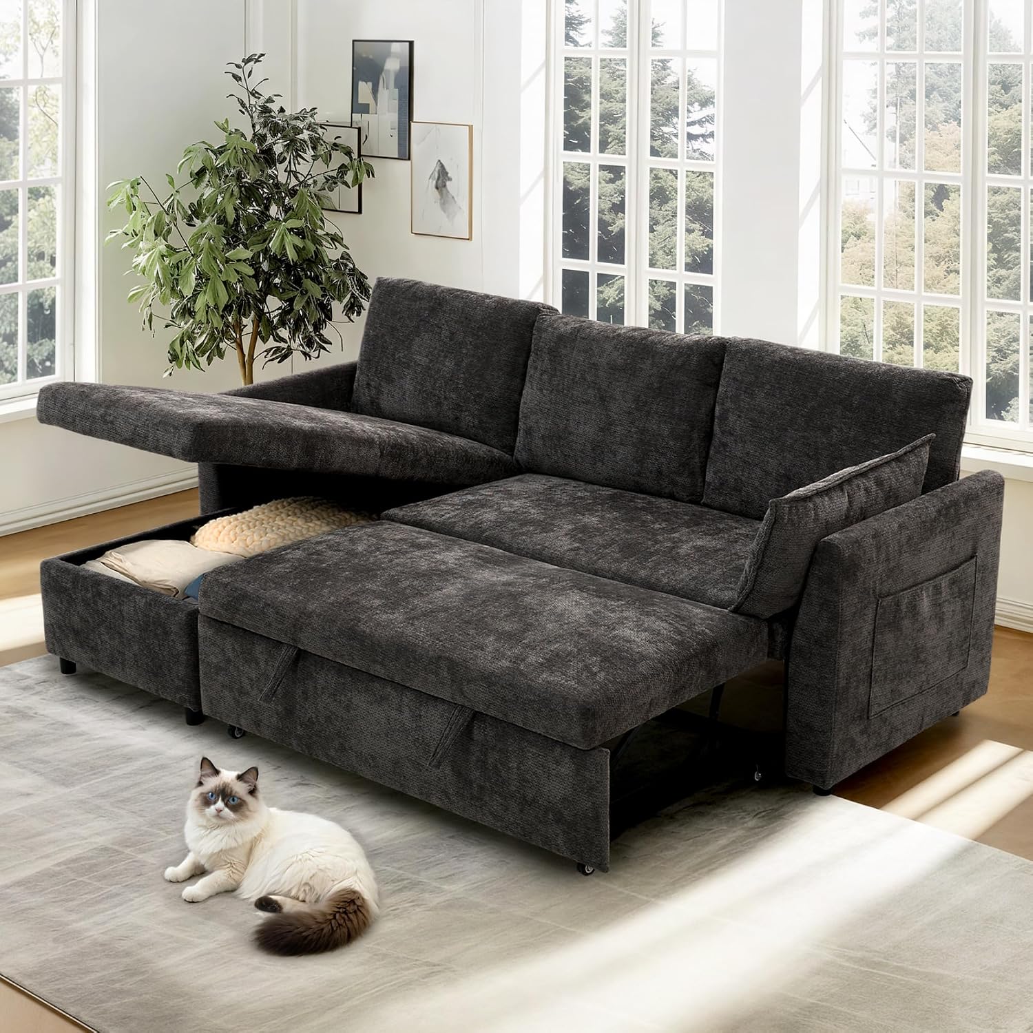 FLEXISPOT XB5 78' Pull Out Couch Bed with Storage Chaise, 2-in-1 Convertible Sofa Bed with USB Charging Ports, 3-Seater Sectional Sofa Couch for Living Room Apartment, Easy to Assemble(Dark Gray)