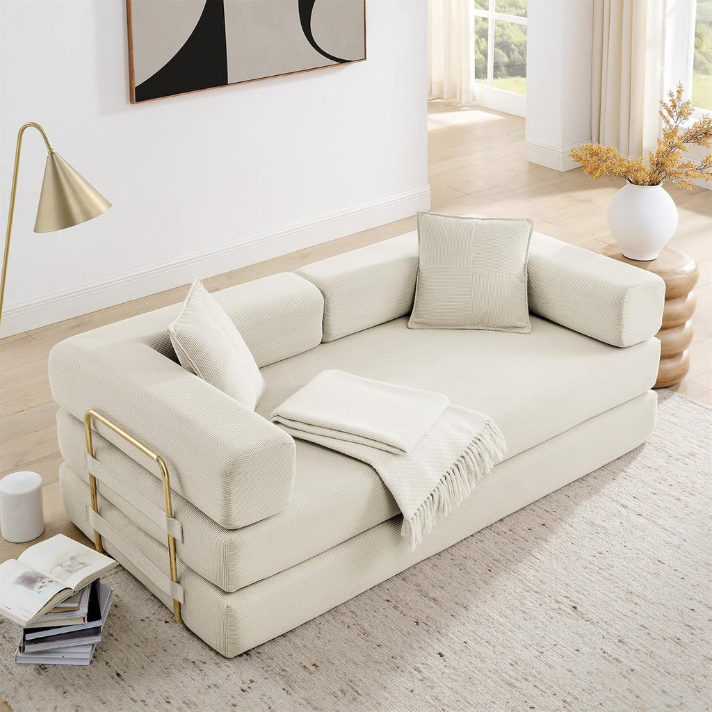 Antetek Modular Couch Bed, Convertible Folding Plush Corduroy Comfy Floor Memory Foam Compression Loveseat Sleeper Sofa Couch, King Size Bed for Guest Room Living Room Bedroom, No Assembly, Cream