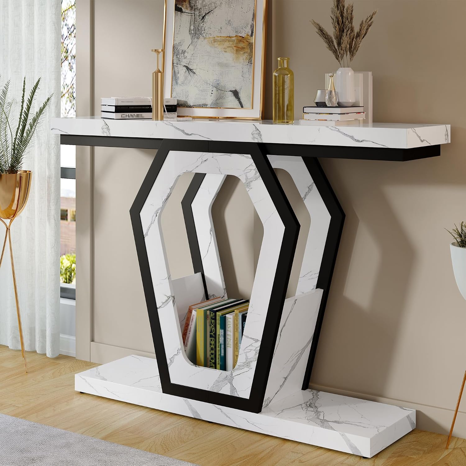 FUSUNBAO 47.3' Console Table,Openwork Bracket Sofa Table, Wood Narrow Entryway Table for Hallway, Behind The Couch, Living Room, Foyer, Easy Assembly（White Marble Texture）