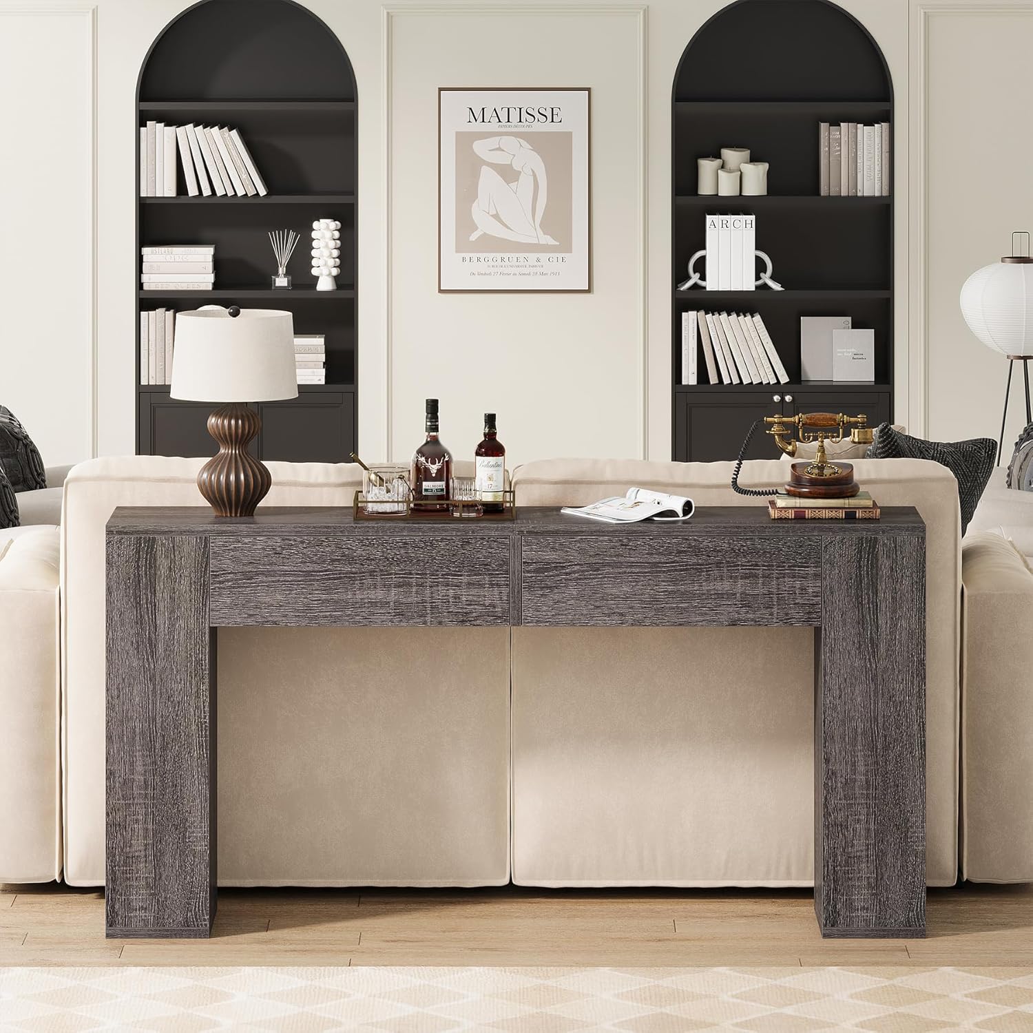 Farmhouse Console Table with LED Light and 2 Drawers, 55 inch Long Sofa Table Behind Couch, Narrow Entry Table for Entryway, Hallway, Entrance, Living Room (Gray)