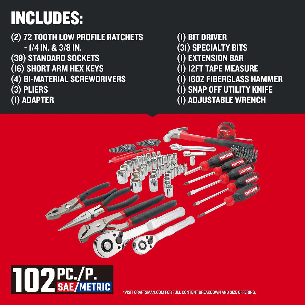 CRAFTSMAN 102-Piece Tool Kit for Home and Car, Durable Hand Tools Set with SAE and Metric Socket Set, Screwdrivers, Wrench, Hammer, Pliers, Knife, Hex Keys, Specialty Bits, Tape Measure (CMMT99449)