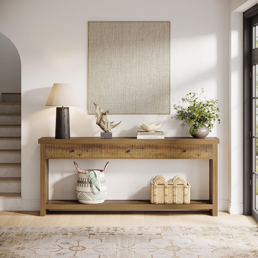 Tribesigns 70.9 inch Console Table with 3 Drawers, Extra Long Entryway Table, Wood Sofa Table Oak Furniture with Open Storage Shelves Wooden Couch Table Foyer Tables for Living Room Hallway Entrance