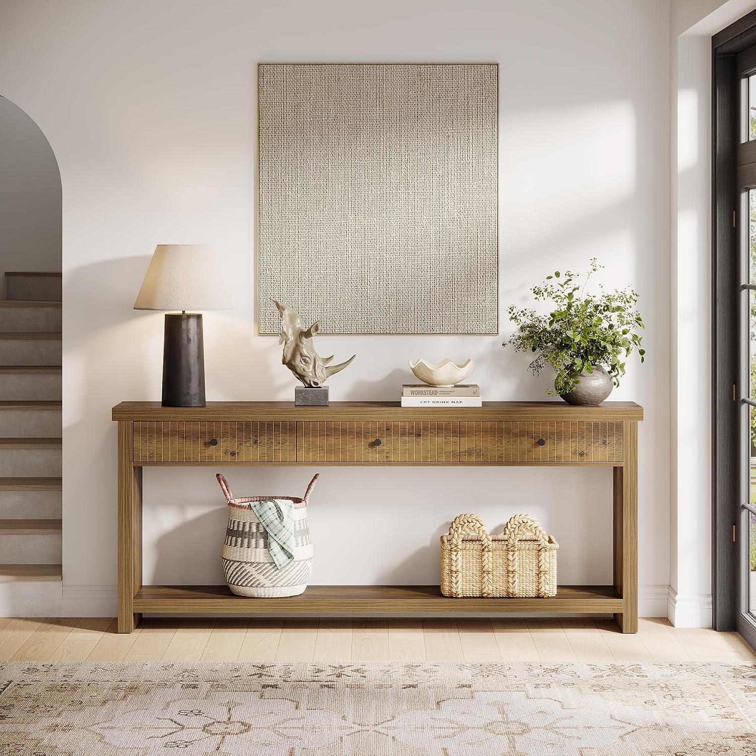 Tribesigns 70.9 inch Console Table with 3 Drawers, Extra Long Entryway Table, Wood Sofa Table Oak Furniture with Open Storage Shelves Wooden Couch Table Foyer Tables for Living Room Hallway Entrance