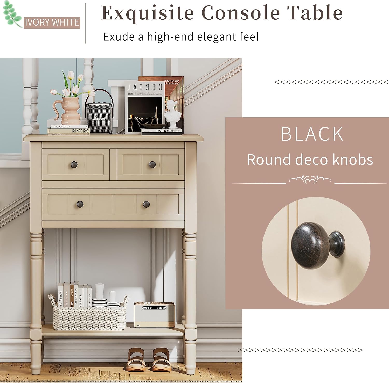 Merax Slim Console Table, Elegant Entryway Table with Three Storage Drawers and Bottom Shelf for Hallway and Living Room (Beige)
