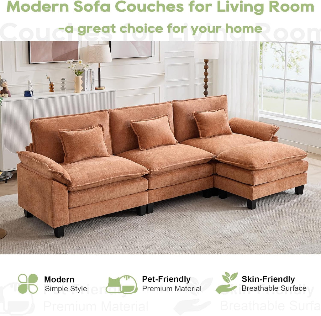 Oprisen 120' Modular Sectional Sofa, Comfy Cloud Couch Sectional Sofa with Ottoman, Chenille Sofa Sleeper Deep Seat Sofa with Throw Pillows for Living Room (Orange, 120'- L Shape)